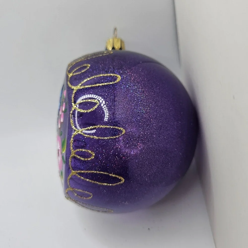 Vintage Hand Painted Glass Christmas Ornament Purple Butterfly Floral Glitter 4